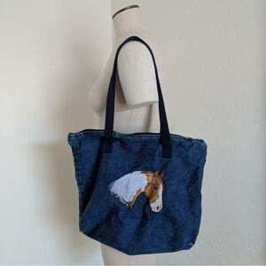 Blue Denim Tote Bag with Horse Embroidery